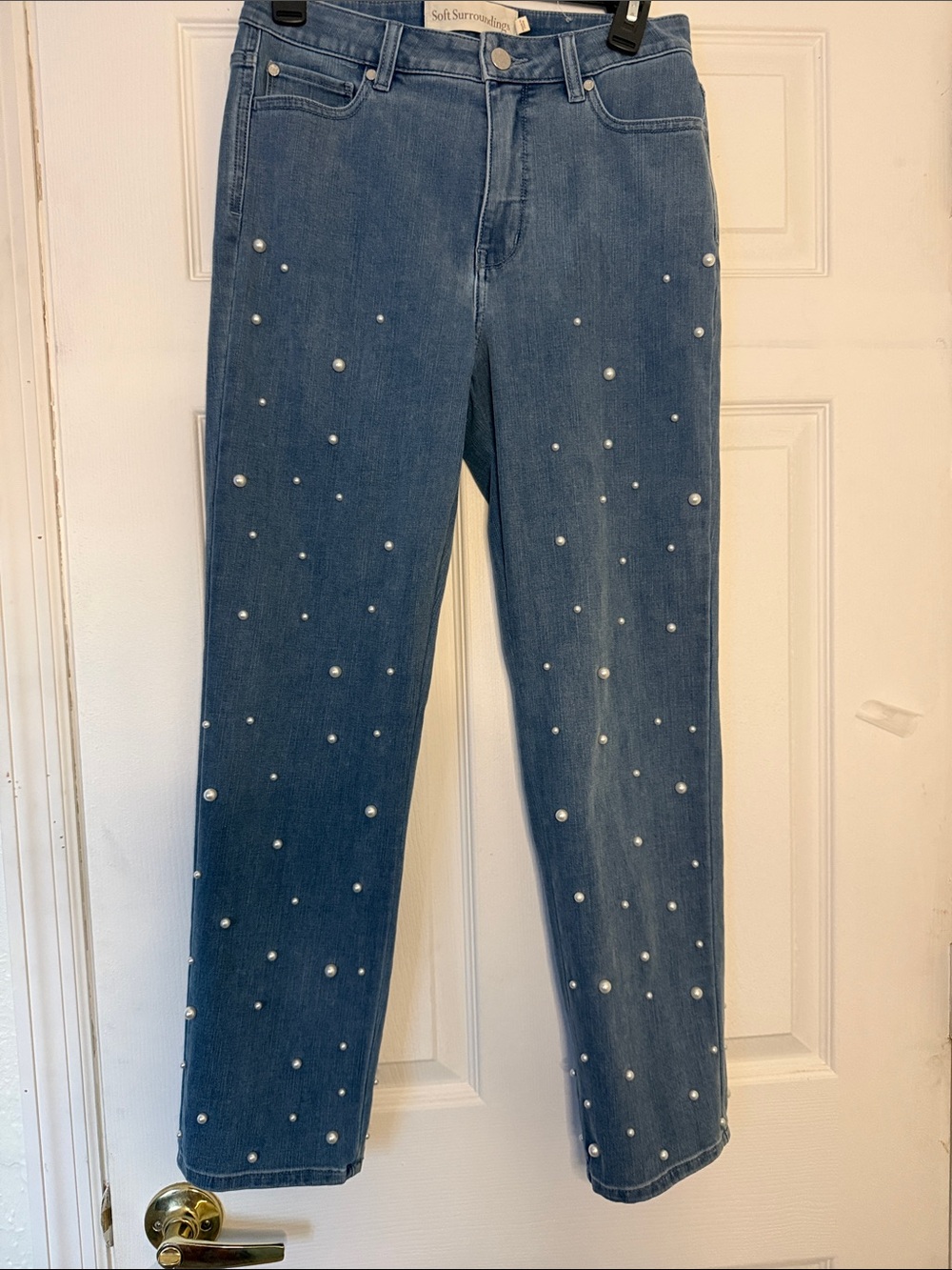 Soft Surroundings Blue Pearl-Embellished Straight-Leg Jeans - Picture 1 of 9